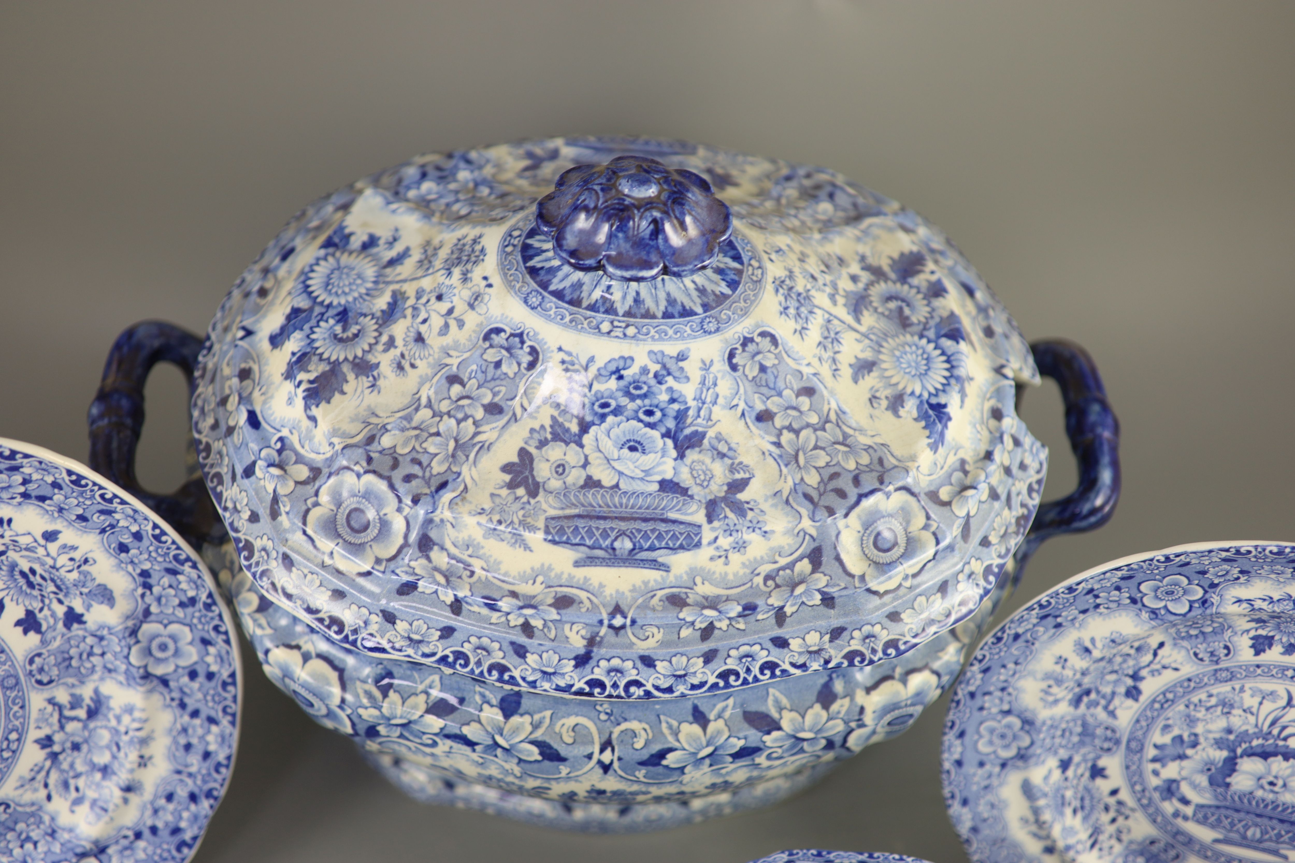 An extensive Minton filigree pattern blue and white dinner service, c.1830,